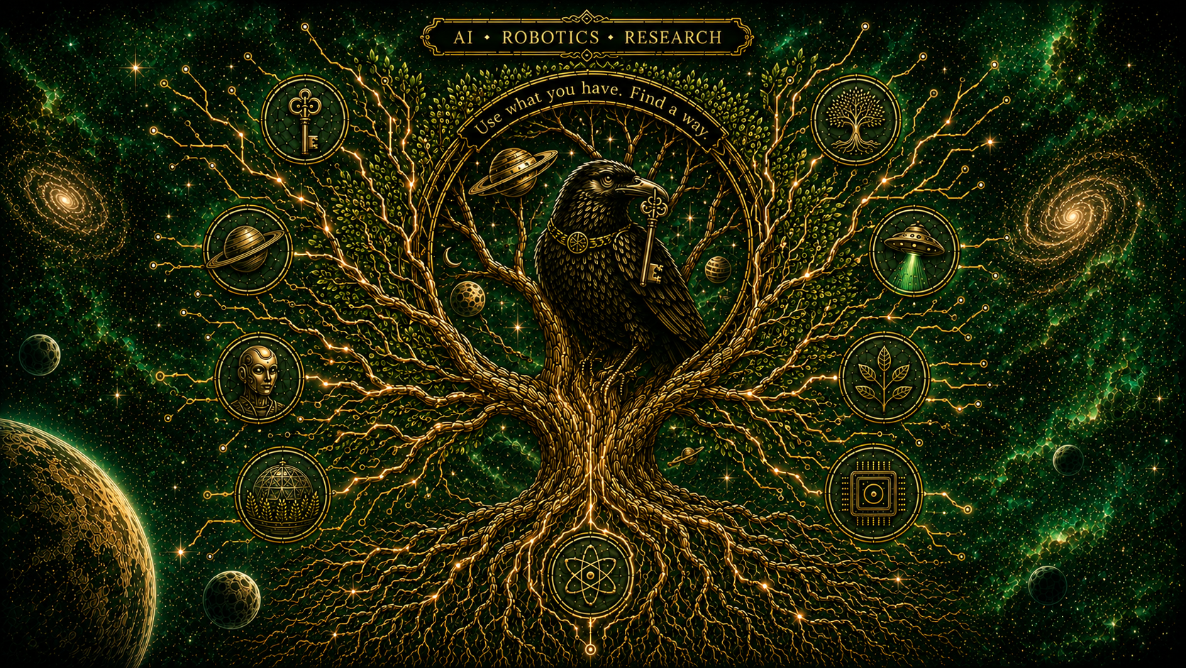 DROM RESEARCH LTD — a raven holding a key, perched on a golden tree of life whose branches wire out to icons for space, robotics, farming, UFO research, AI microchips and science