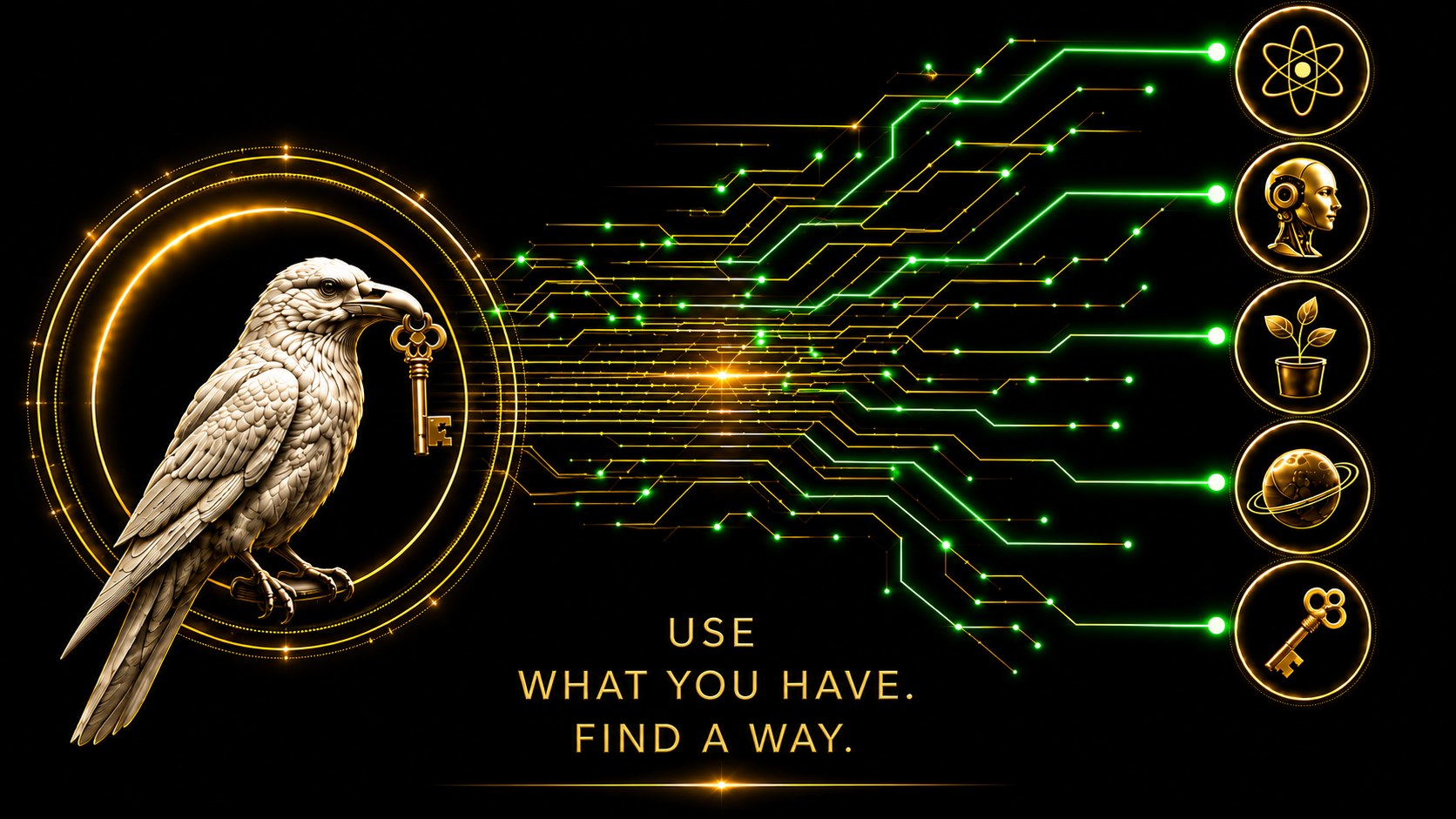 DROM RESEARCH crest — a white raven holding a golden key, wired by glowing circuit lines to five emblems: atom, android, plant, ringed planet and key. Motto: Use what you have. Find a way.